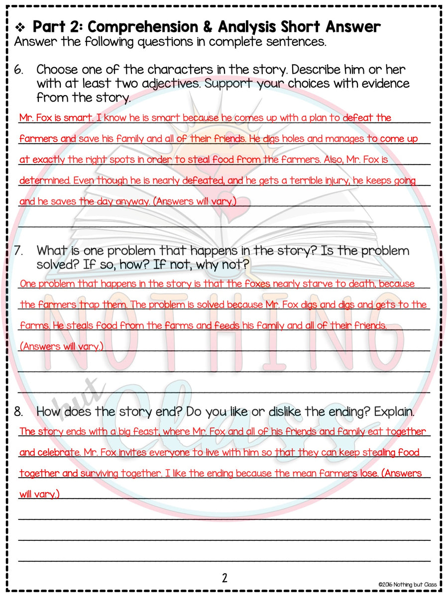 Fantastic Mr. Fox - Tests | Quizzes | Assessments – Nothing but Class for Free Printable Fantastic Mr Fox Worksheets Pdf
